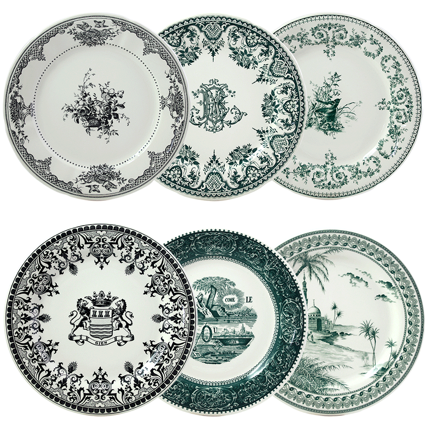 Assiettes extra 27.3 cm 6 assorties, Les Dépareillés vert, Gien