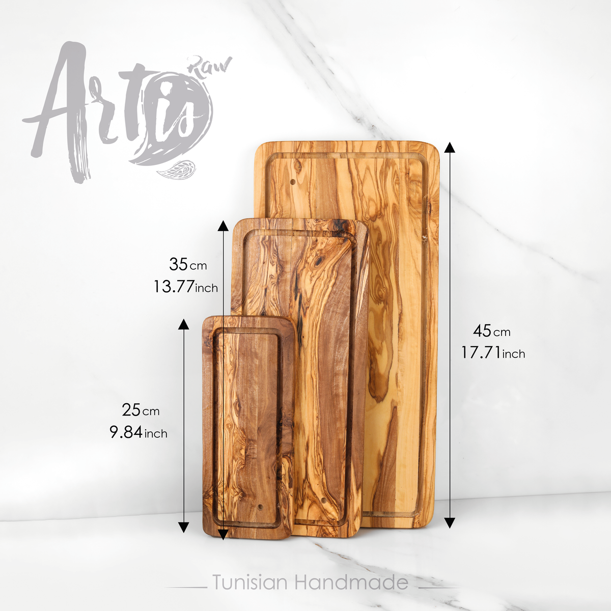 Planche à découper en bois d'olivier fait main - Rectangulaire avec rainure: 13,8 pouces (35 cm)