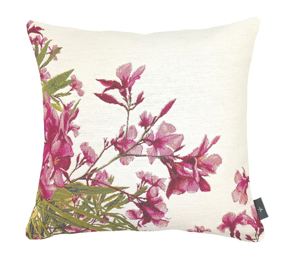Housse de Coussin 48x48cm, Buisson de Laurier Rose Fond Blanc, ART DE LYS
