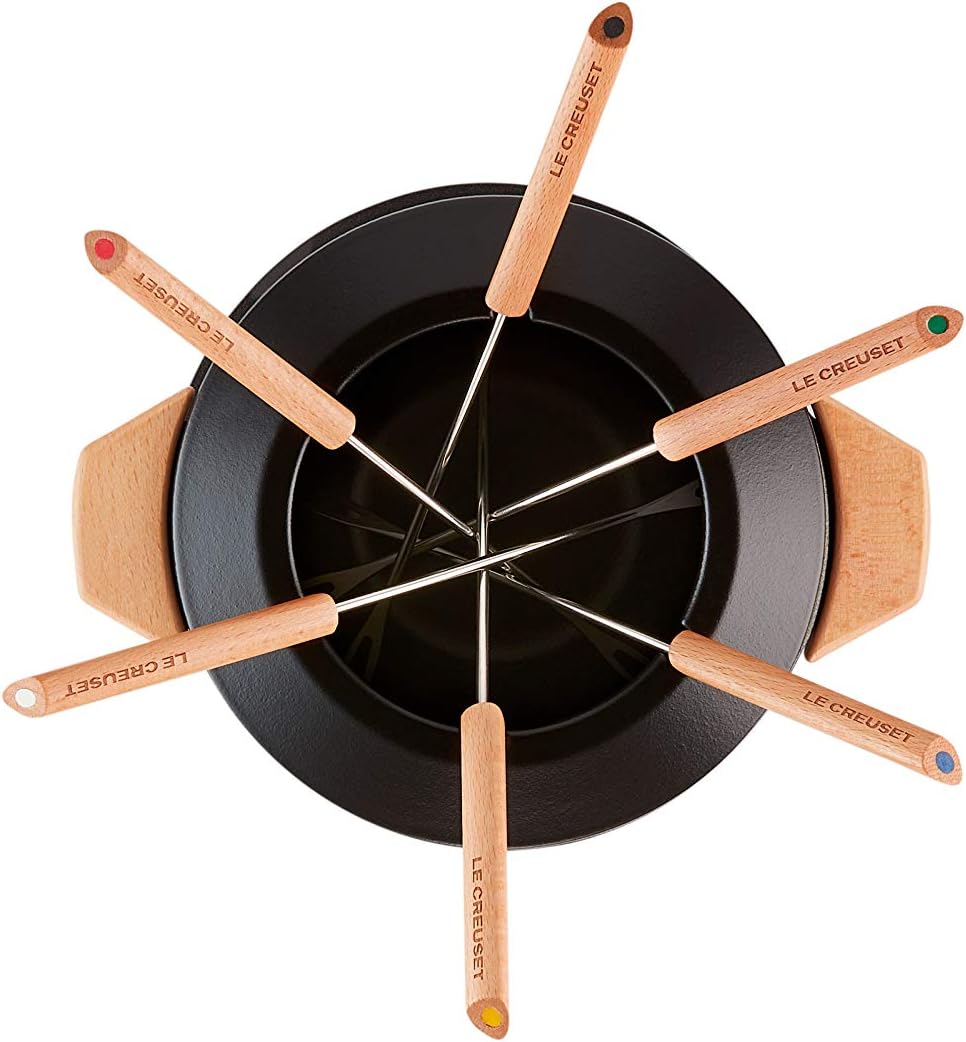 Service à fondue en fonte émaillée manche en bois, Noir mat, LE CREUSET