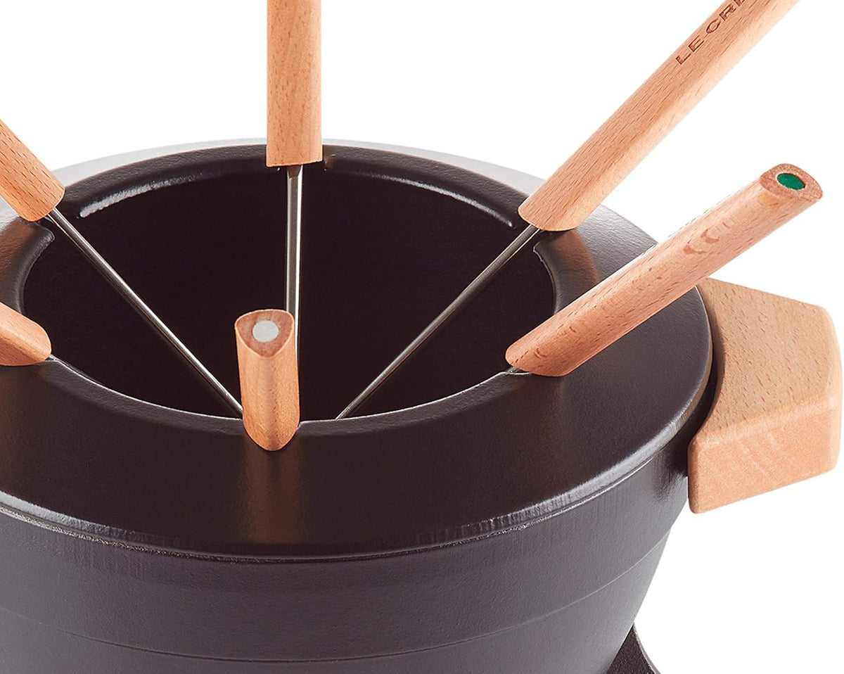 Service à fondue en fonte émaillée manche en bois, Noir mat, LE CREUSET
