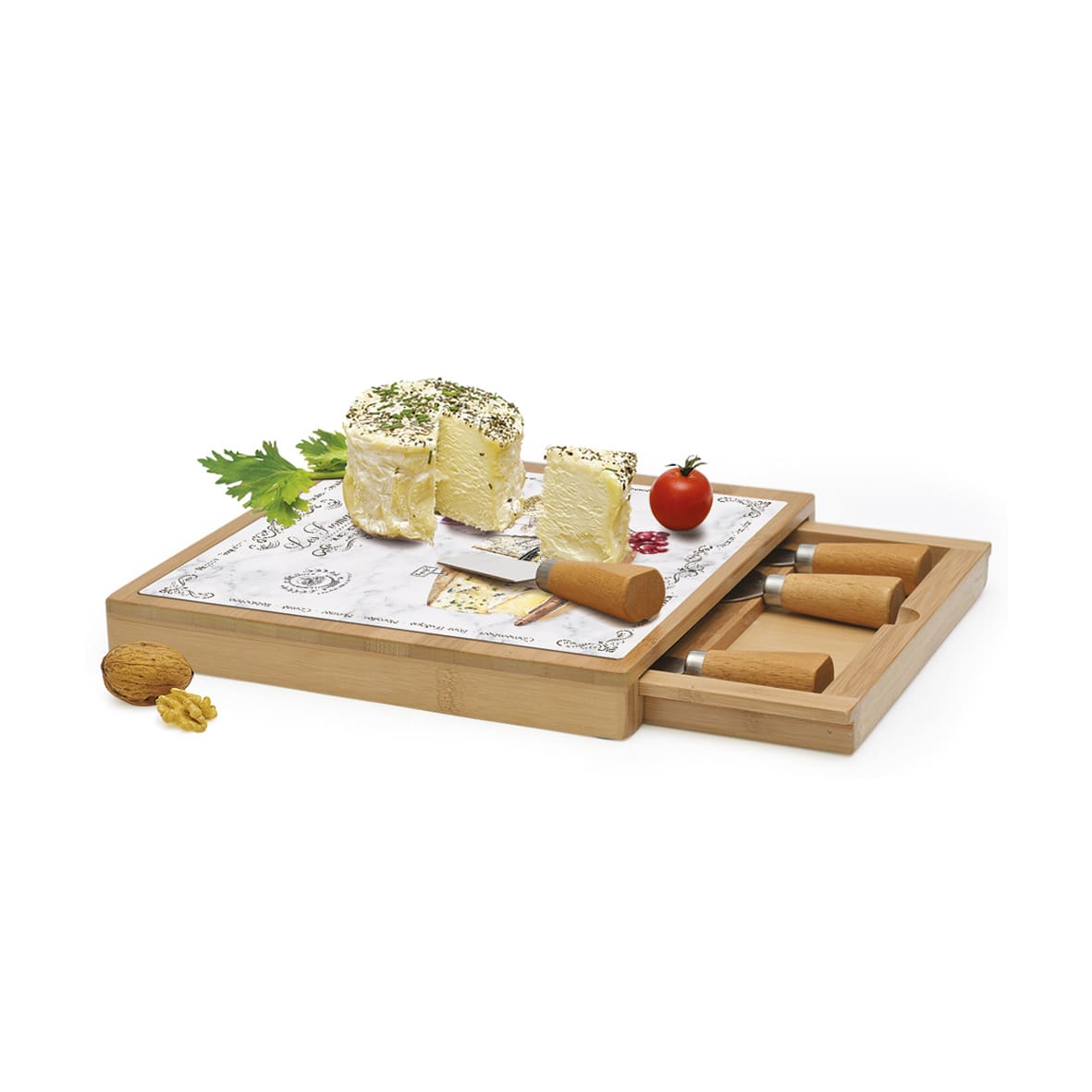 Plateau à fromage en bambou avec plateau en verre et couteaux LES FROMAGES