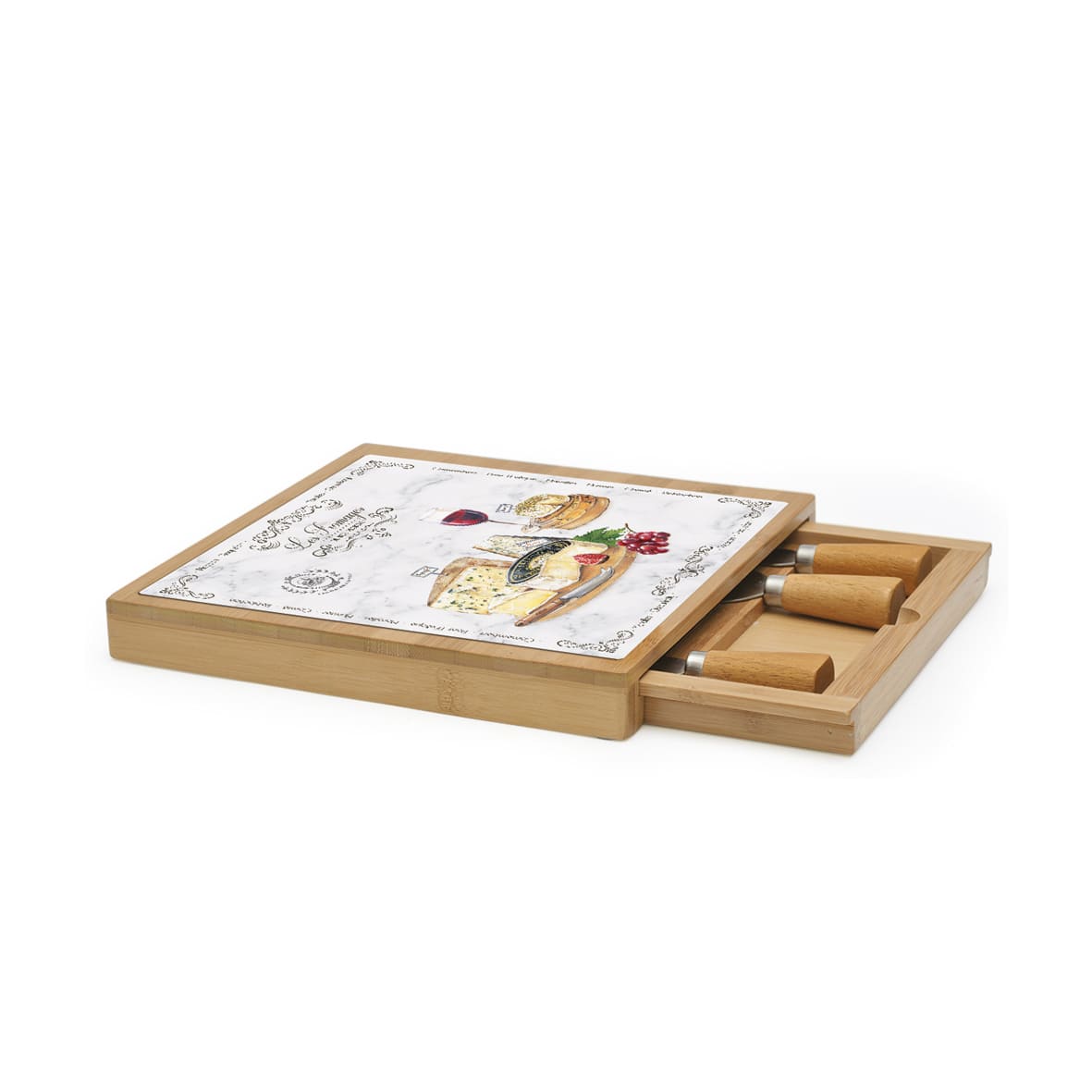Plateau à fromage en bambou avec plateau en verre et couteaux LES FROMAGES