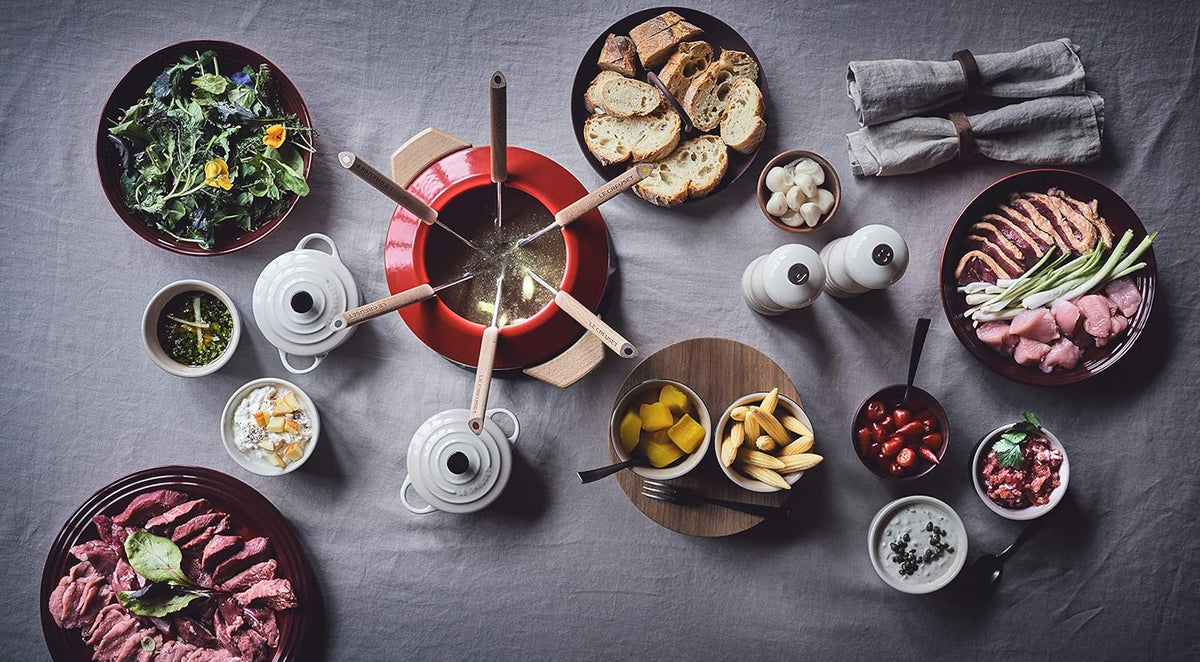 Service à fondue en fonte émaillée manche en bois, Noir mat, LE CREUSET