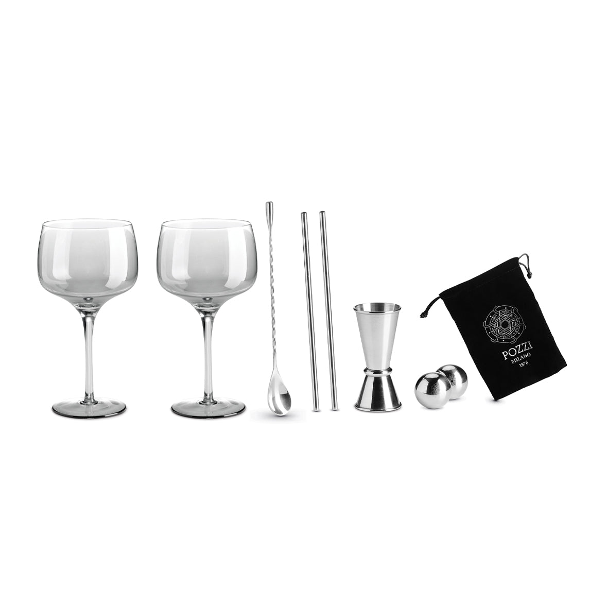 Coffret cocktail 8 pièces argenté, Pozzi