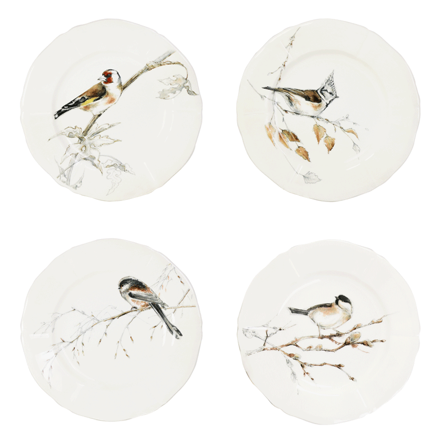 Assiettes canapés 16.3 cm assorties, Coffret de 4, Oiseaux de la forêt, Gien
