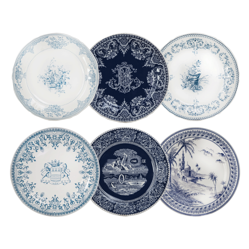 Box of 6 assorted dessert plates, Les Dépareillées bleues, Gien