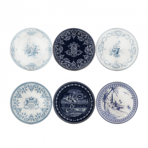 Assiettes mignardises 12.8 cm 6 assorties, Les Dépareillées bleues, Gien