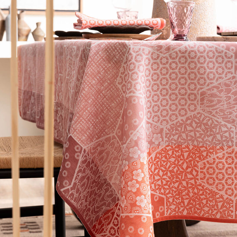 Nappe Ronde Enduite 150cm, Wagara Cerisier, Le Jacquard Français