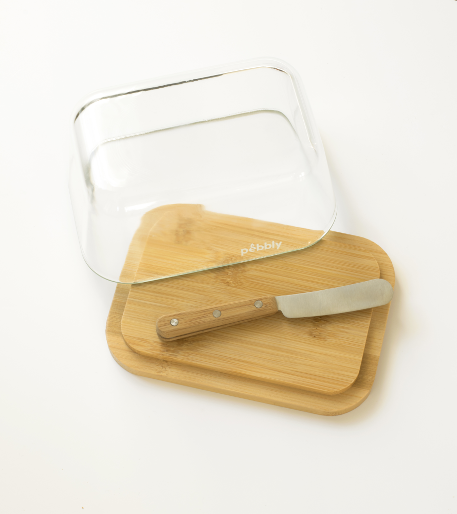 Beurrier en verre/bambou avec couteau à beurre, N2J